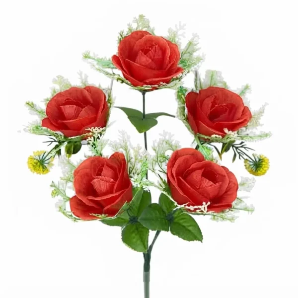 RAMO DE 5 CABEZAS DE ROSAS CON DETALLE DE FOLLAJE JFY-2125 -ROJO RAMO DE 5 CABEZAS DE ROSAS CON DETALLE DE FOLLAJE