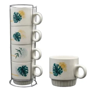 TAZA X 4 POCILLO APLILABLE PORCELANA CON SOPORTE HOJAS