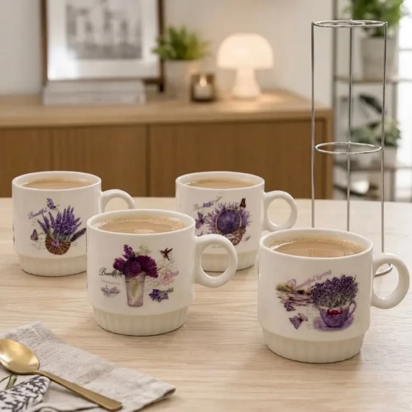 TAZA X 4 POCILLO APLILABLE PORCELANA CON SOPORTE LAVANDA 4939243-2 TAZA X 4 POCILLO APLILABLE PORCELANA CON SOPORTE LAVANDA 4939243