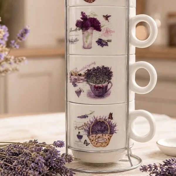 TAZA X 4 POCILLO APLILABLE PORCELANA CON SOPORTE LAVANDA 4939243-3 TAZA X 4 POCILLO APLILABLE PORCELANA CON SOPORTE LAVANDA 4939243